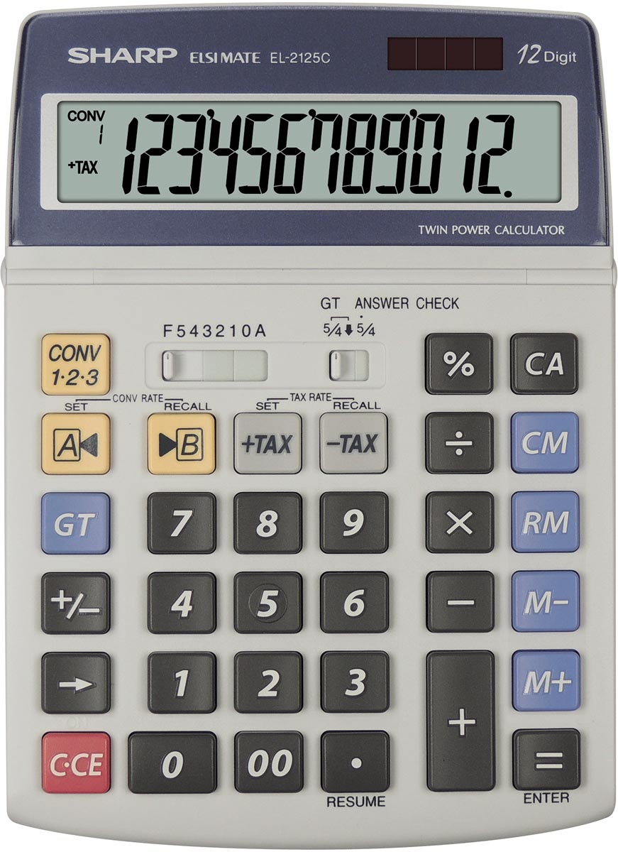 Sharp EL2125C bureaurekenmachine met zonne-energie en backup-batterij 19,5 x 14 x 2,3 cm