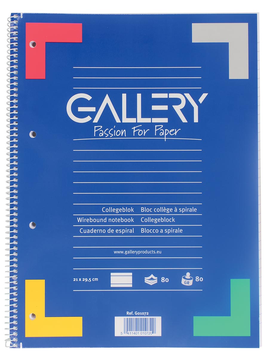 Gallery spiraalblok A4 gelijnd blauw met rode kantlijn 160 pagina's 80 g/m²