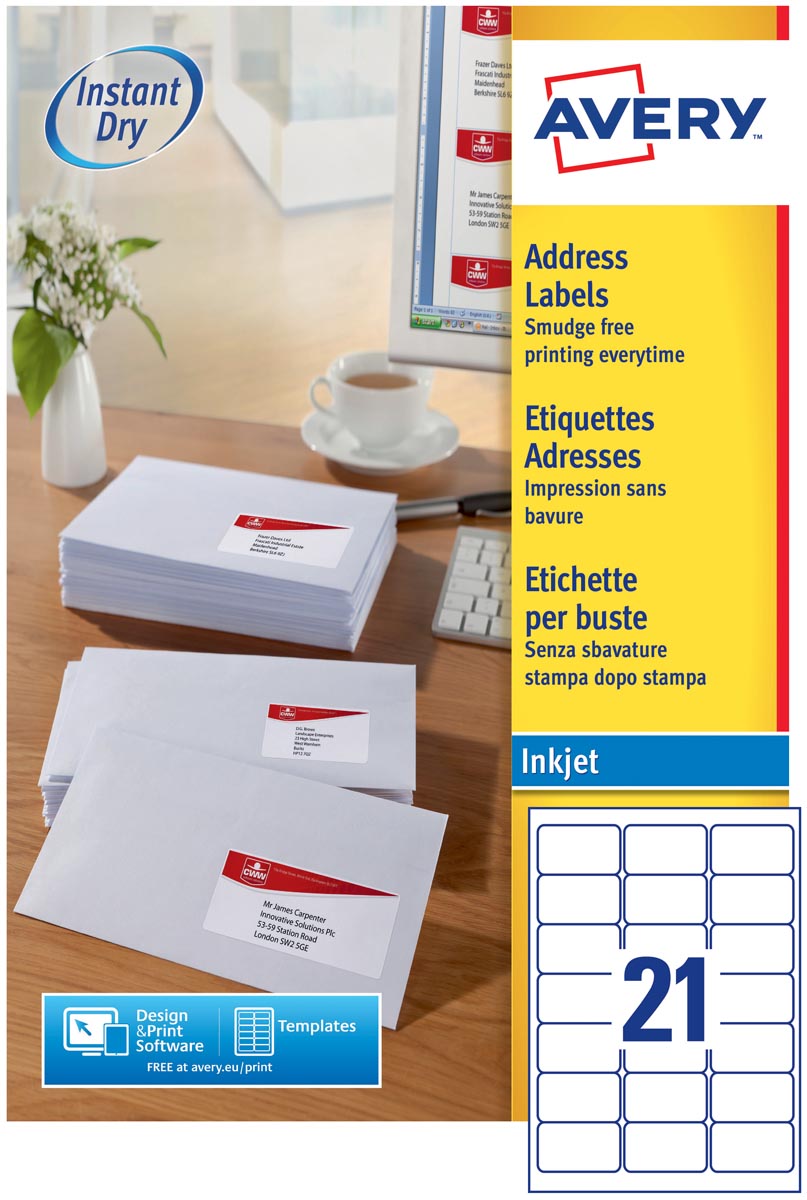 Avery J8160-100 adresetiketten 63,5 x 38,1 mm (b x h), 2.100 etiketten, wit