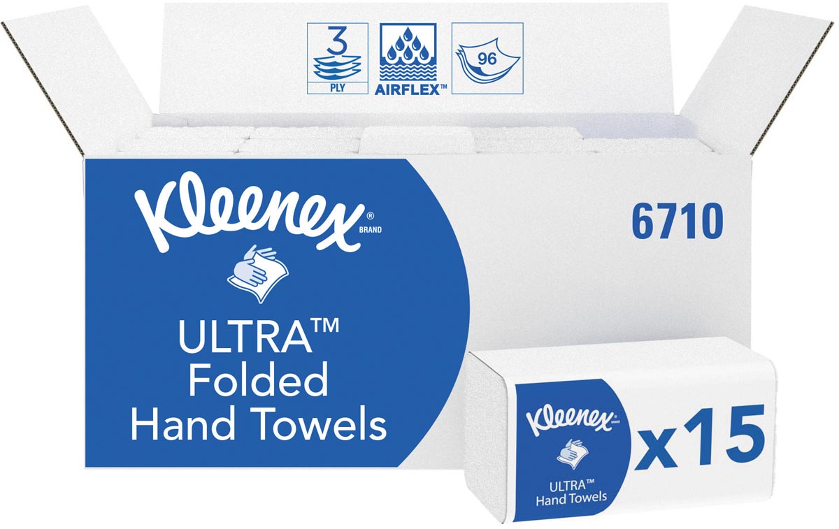 Kleenex papieren vouwhandoeken Ultra Super Soft 3-laags wit 96 vellen pak van 15