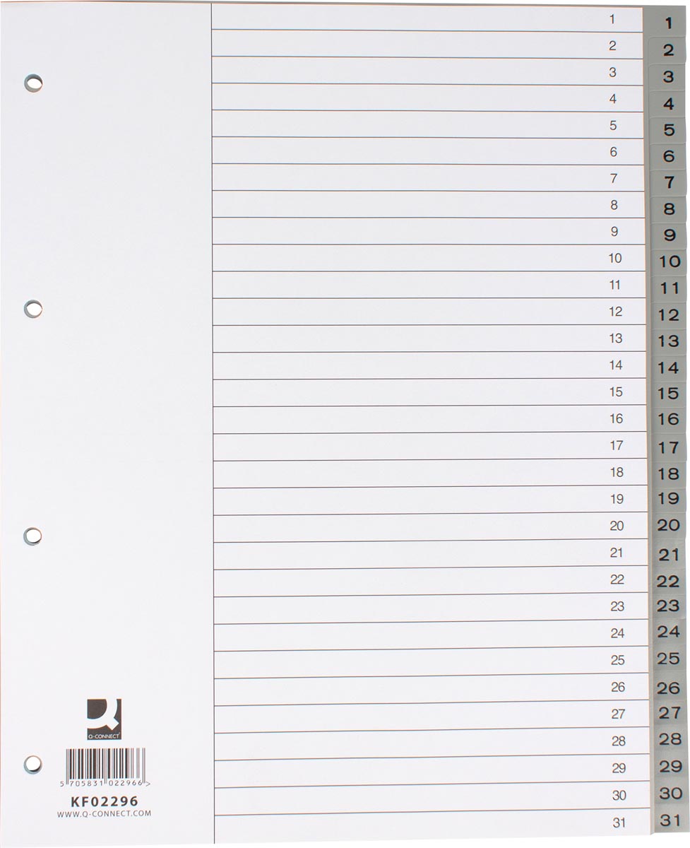 Q-CONNECT tabbladen A4 PP grijs 31 tabs 11-gaats perforatie met indexblad