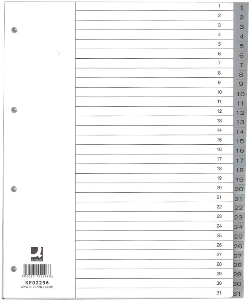 Q-CONNECT tabbladen A4 PP grijs 31 tabs 11-gaats perforatie met indexblad