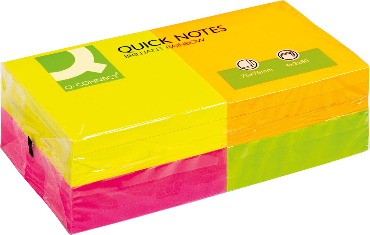 Q-CONNECT Quick Notes memoblokken 76 x 76 mm 80 vel 12 stuks neonkleuren ecologisch