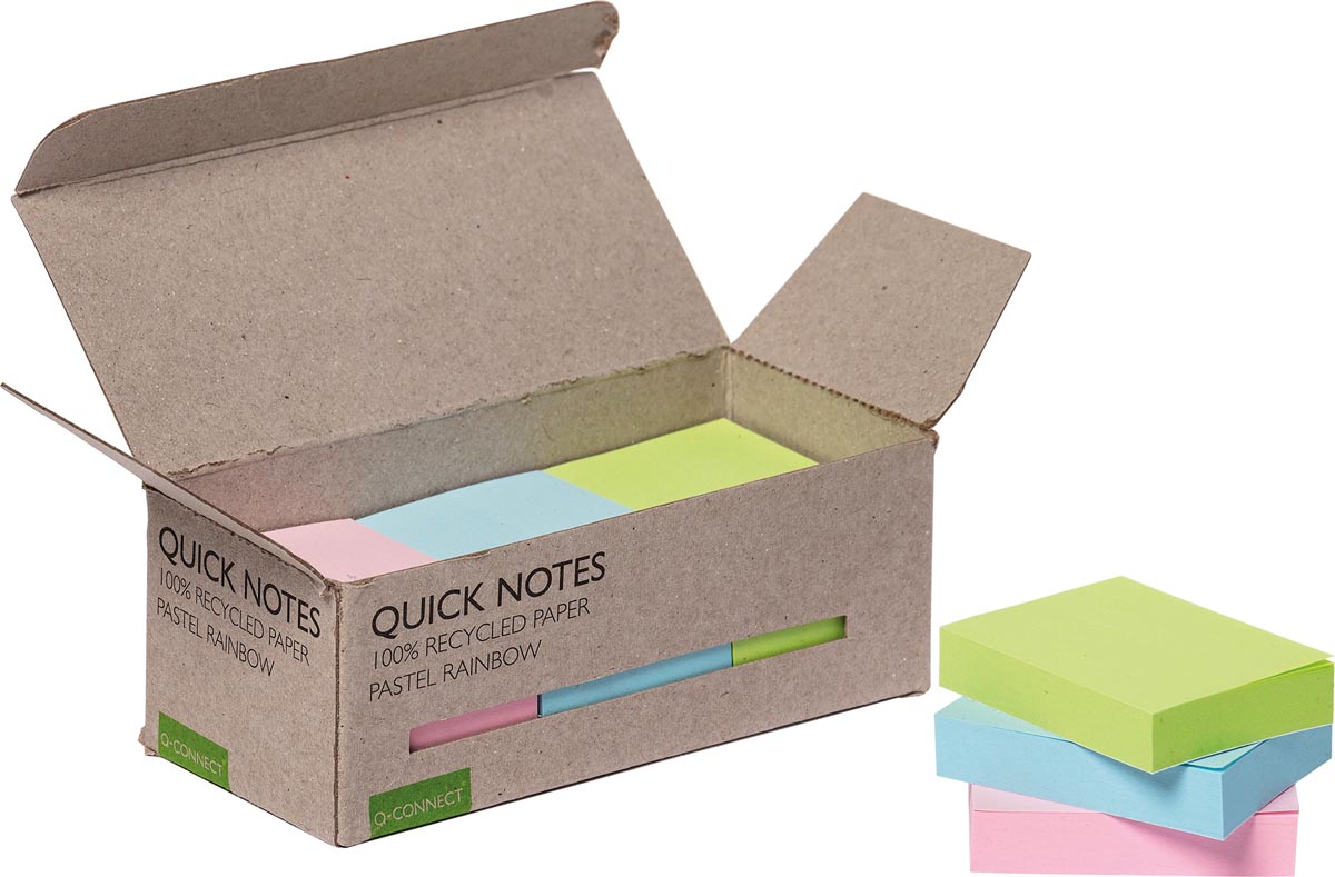 Q-CONNECT Quick Notes memoblok gerecycleerd papier 38 x 51 mm 100 vel geassorteerde pastelkleuren 12 stuks
