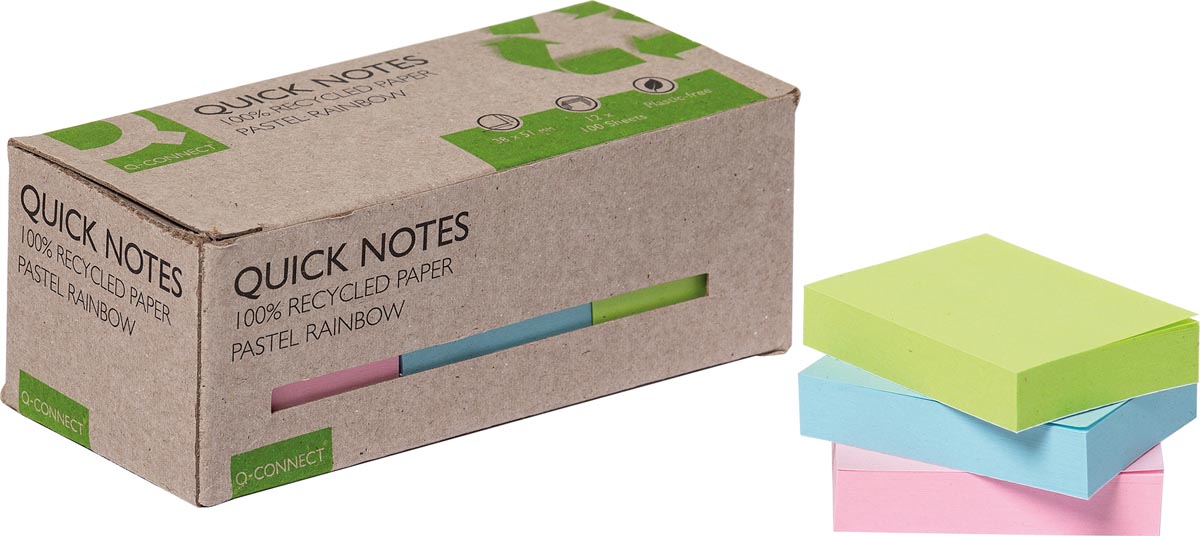 Q-CONNECT Quick Notes memoblok gerecycleerd papier 38 x 51 mm 100 vel geassorteerde pastelkleuren 12 stuks