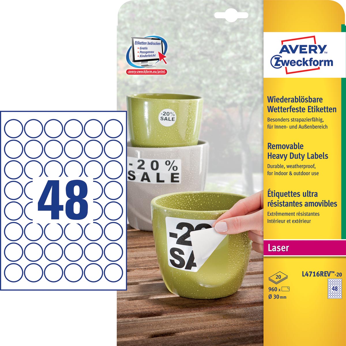 Avery afneembare weerbestendige etiketten diameter 30 mm,wit, doos van 960 etiketten