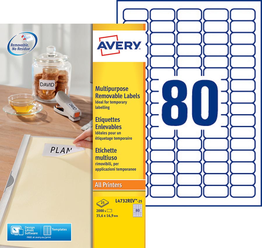 Avery L4732REV-25 afneembare etiketten ft 35,6 x 16,9 mm (b x h), 2.000 etiketten, wit