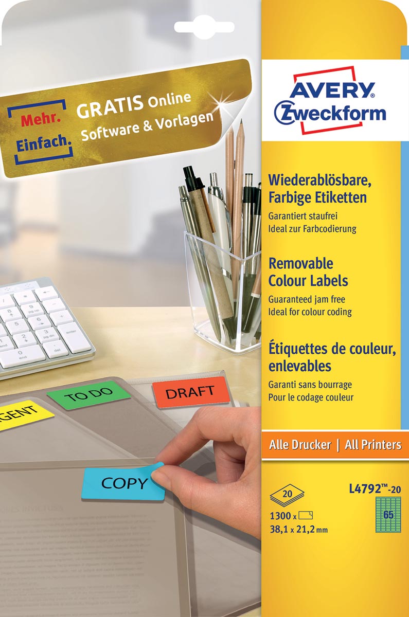 Avery gekleurde etiketten ft 38,1 x 21,2 mm (b x h), afneembaar, groen, 1300 stuks, 65 per blad