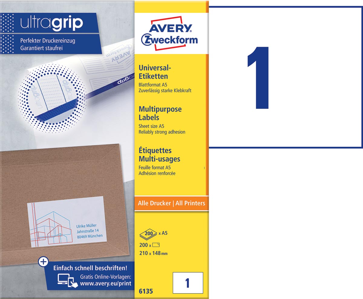 Avery universele A5 etiketten Ft 210 x 148 mm (b x h), wit, doos van 200 etiketten