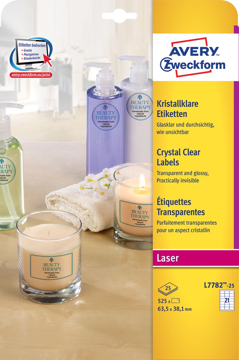 Avery transparante Crystal Clear etiketten ft 63,5 x 38,1 mm, 525 etiketten, 21 per vel