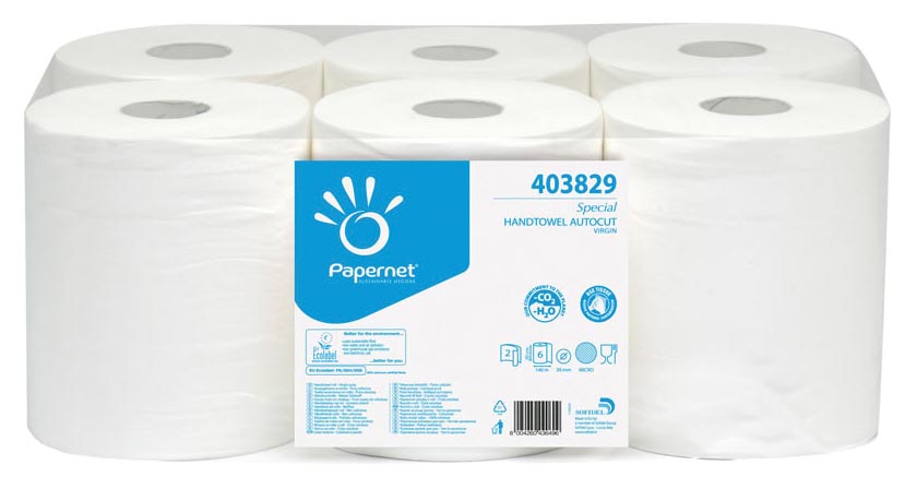 Papernet handdoekrol 2-laags wit 140 meter pak van 6 rollen ecologisch
