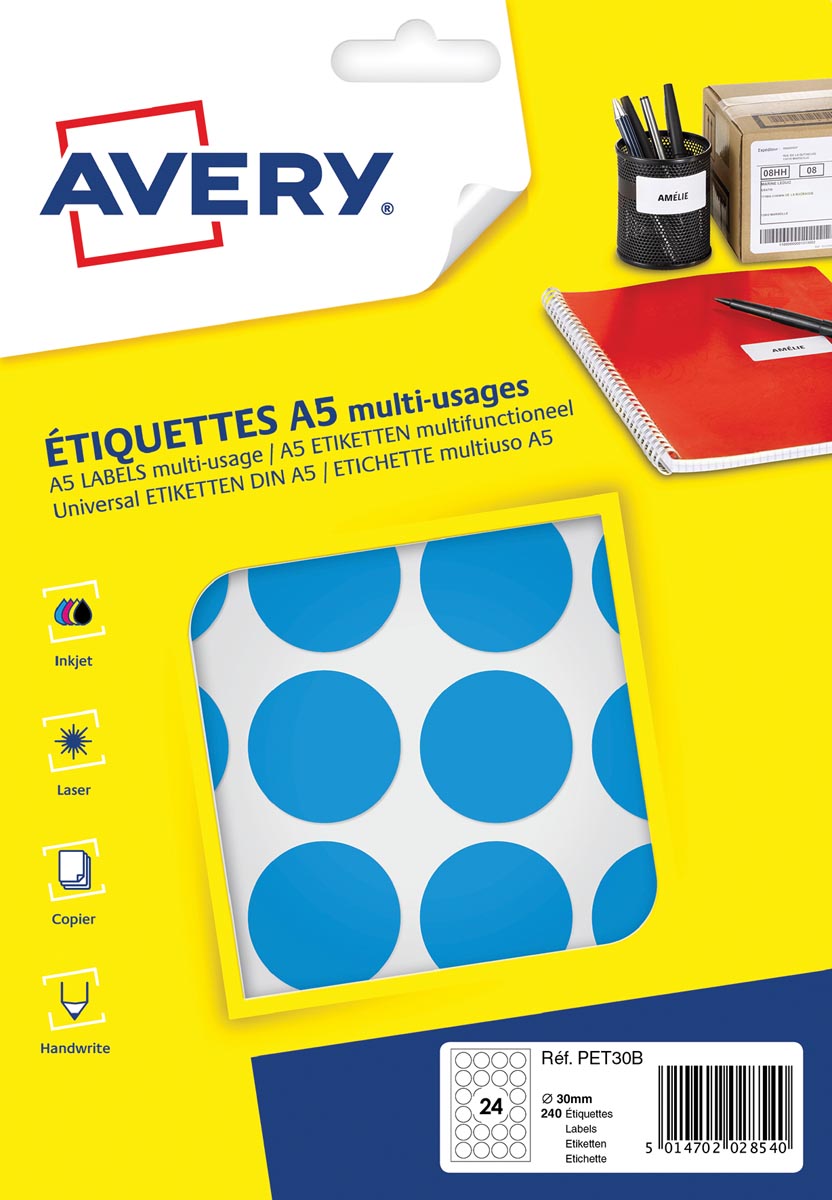 Avery PET30B ronde zelfklevende markeringsetiketten 30 mm diameter lichtblauw 240 stuks