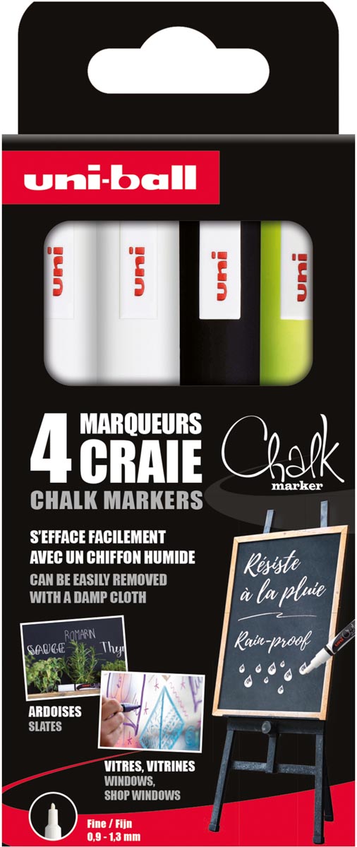 uni-ball krijtmarker set van 4 stuks met ronde punt 0,9-1,3 mm waterbestendig assorti