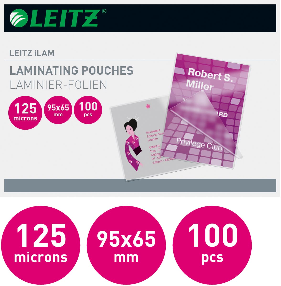 Leitz Eva lamineerhoes ft 65 x 95 mm, 250 micron (2 x 125 micron), pak van 100 stuks