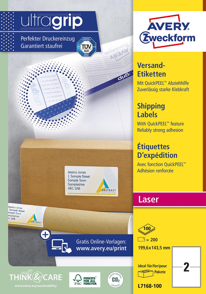Avery L7168, Verzendetiketten, Laser, Ultragrip, wit, 100 vellen, 2 per vel, 199,6 x 143,5 mm