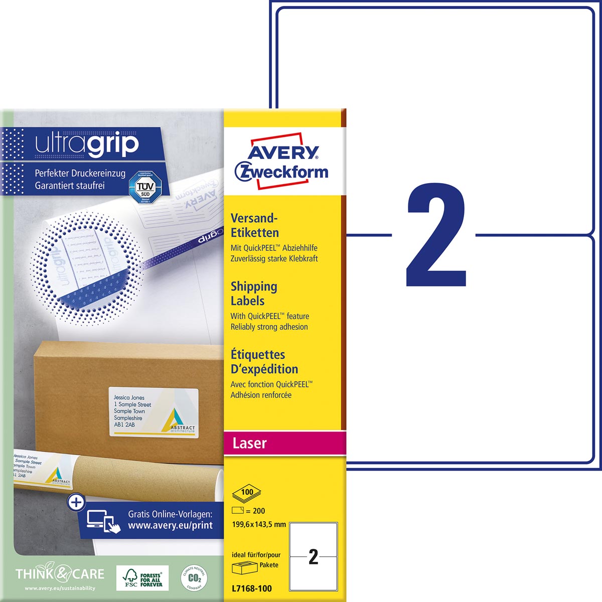 Avery L7168, Verzendetiketten, Laser, Ultragrip, wit, 100 vellen, 2 per vel, 199,6 x 143,5 mm