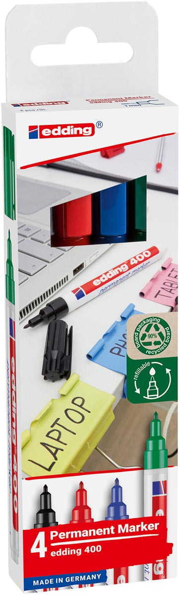 Edding permanent marker 400, geassorteerde kleuren, blister van 4 stuks