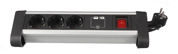 Perel desktop contactdoos met 3 stopcontacten, 2 USB-poorten en schakelaar, zwart, 358x105x85 mm