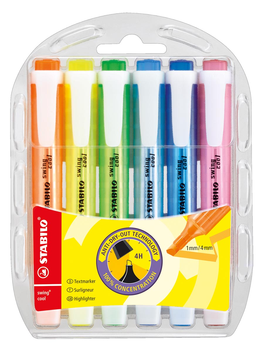 Stabilo markeerstift Swing Cool, blister van 6 stuks in geassorteerde kleuren