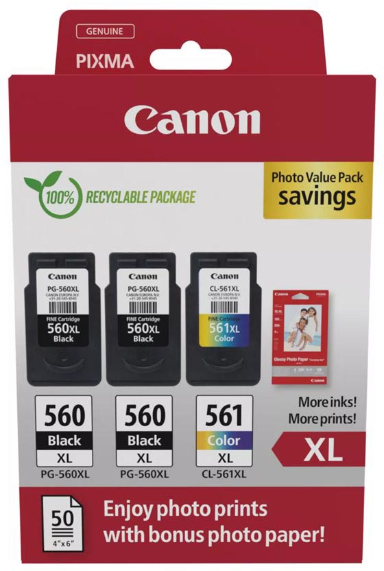 Canon photo value pack 2 x PG-560XL + 1 x CL-561XL, 300 - 400 pagina's, OEM 3712C012, 4 kleuren