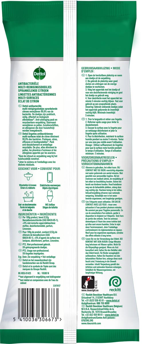 Dettol reiningsdoekjes antibacterieel, citroen, pak van 110 stuks