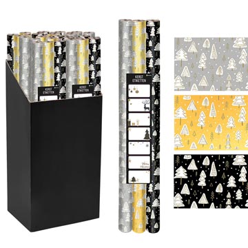 Geschenkpapier Kerst, 70 cm x 2 m, zwart, goud, zilver, pak van 3 stuks