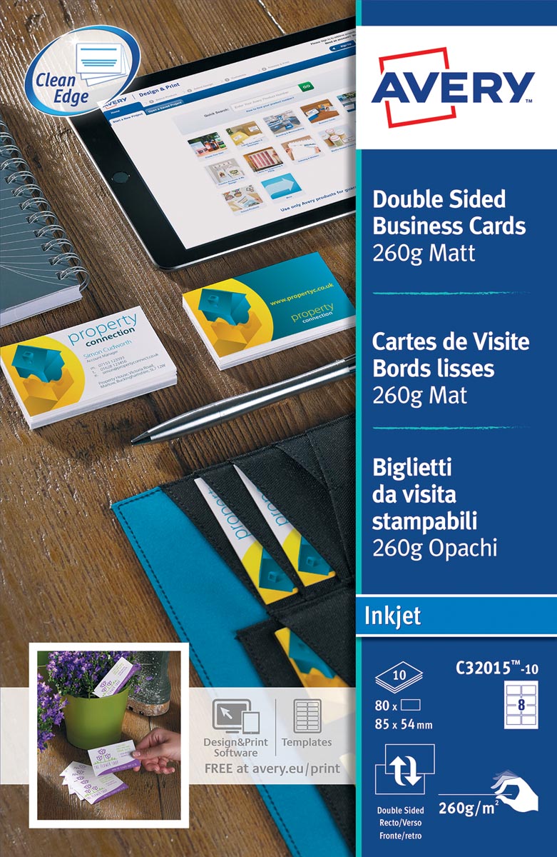 Avery visitekaarten Quick&Clean mat wit 85 x 54 mm 80 stuks 260 g/m² geschikt voor inkjet