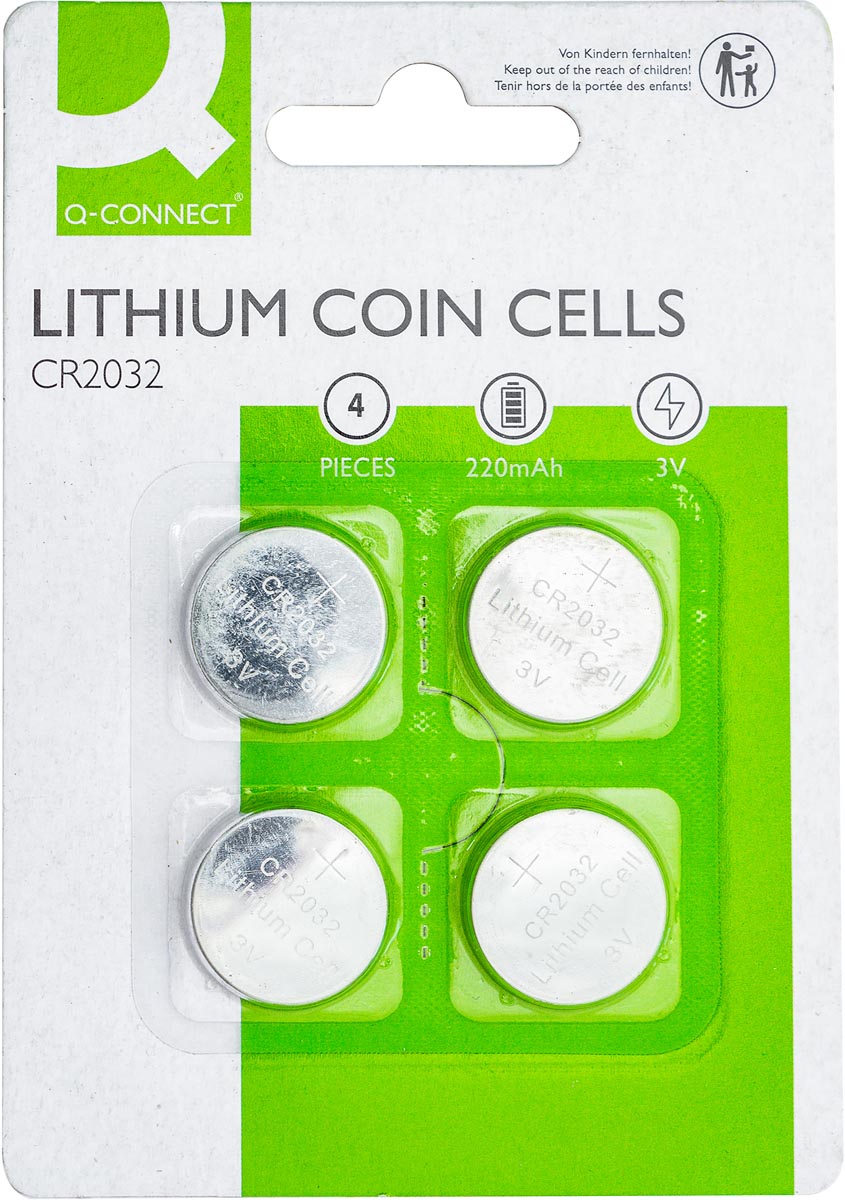 Q-CONNECT CR2032 lithium knoopcel batterij groen blister 4 stuks