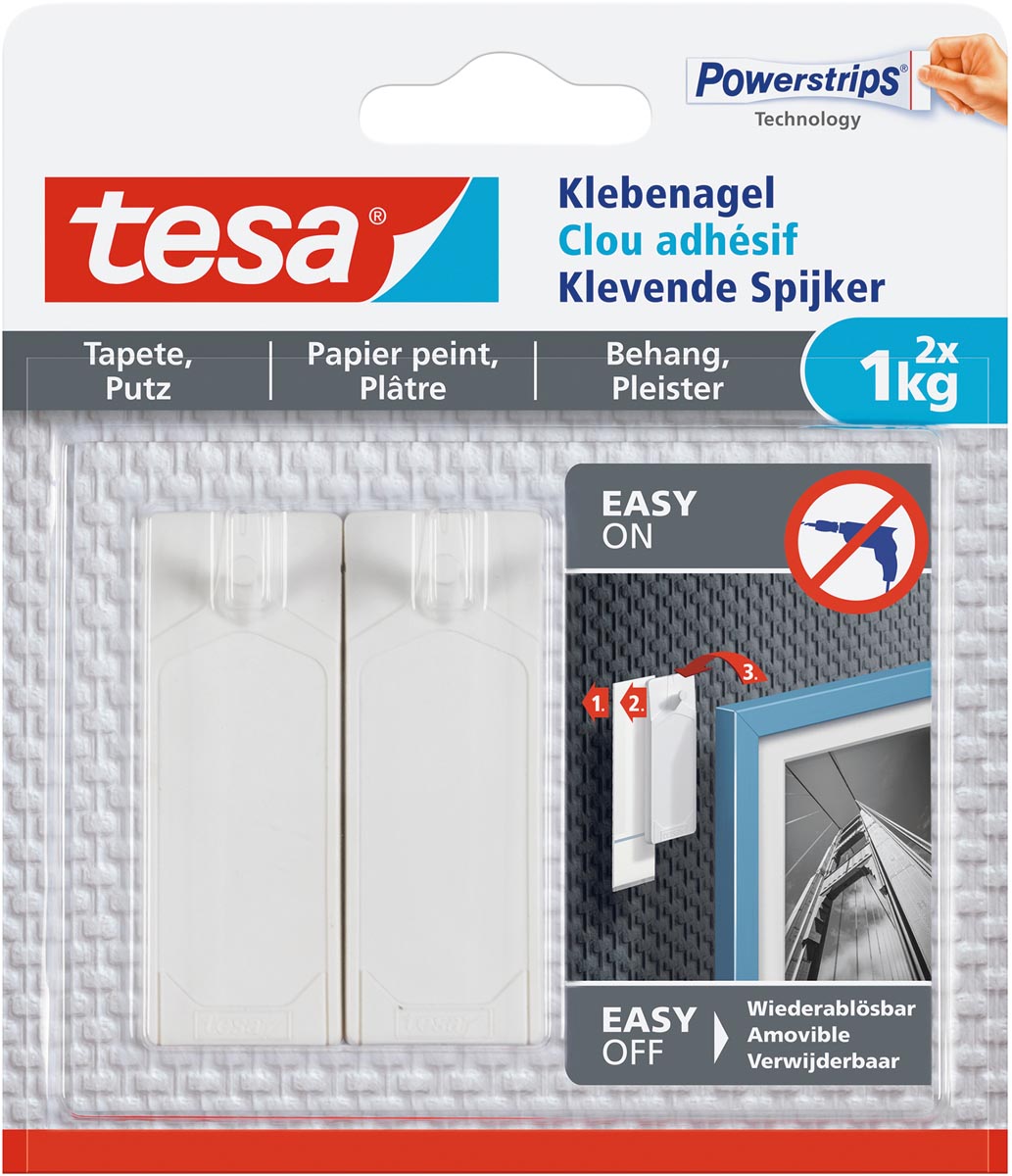 tesa Klevende spijker voor behang en pleisterwerk wit 140x120x10 mm blister 2 stuks