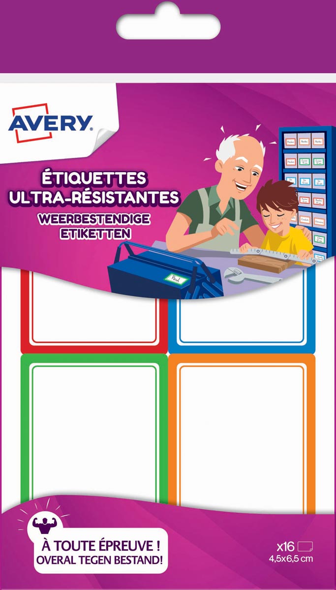 Avery Family weerbestendige etiketten 4,5 x 6,5 cm etui met 16 geassorteerde kleuren